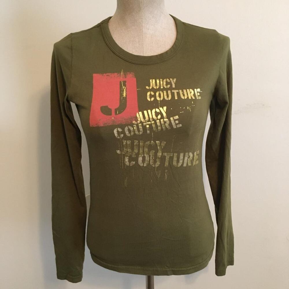 Juicy Couture Army Green & Gold Long Sleeved T-Shirt Top M